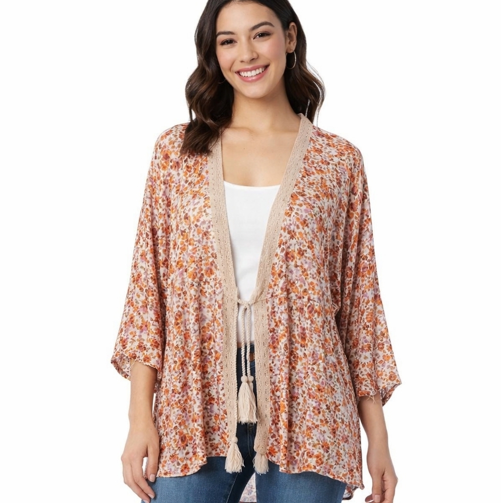 Nalini Floral Kimono Cardigan Boho Open Front Tassel Lightweight OS